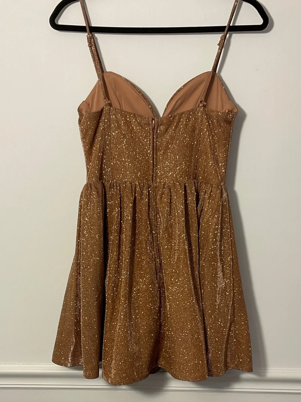 City Studio Glittery Brown Gold Spaghetti-Strap Mini Dress